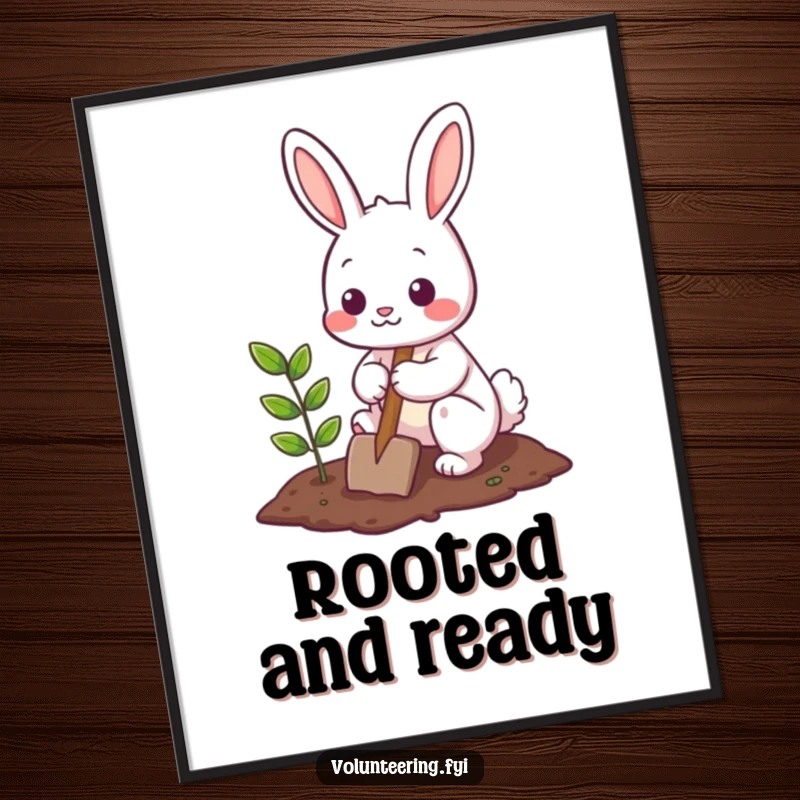 Funny Digital Art Print of a cute bunny character planting a small tree with a shovel, capturing a moment of gentle helpfulness and natural beauty.