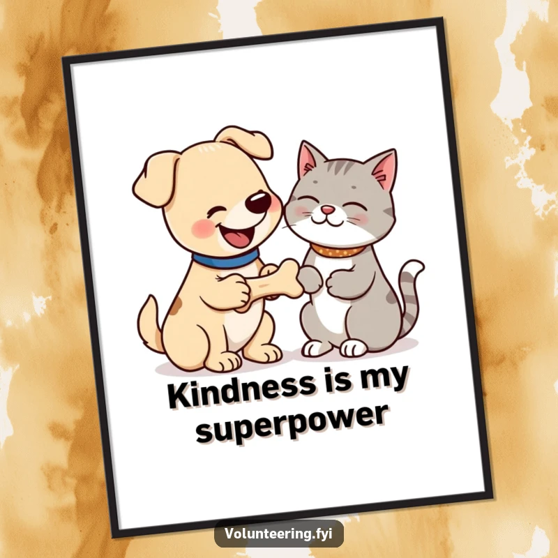 Funny digital art print of a happy dog offering a bone to a grateful cat, perfect for instant home decor and humorous pet appreciation. Great funny gift.