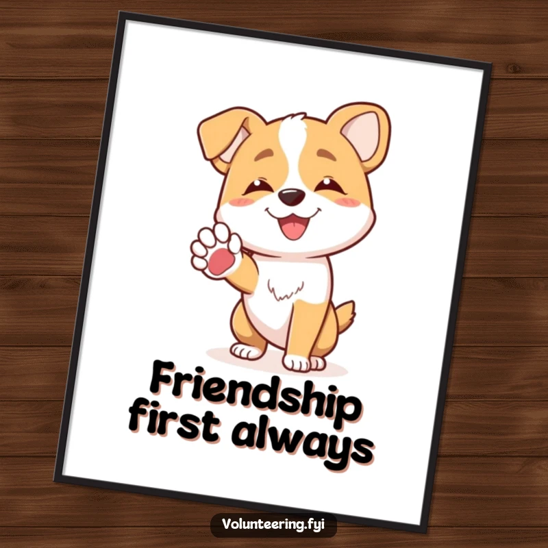 Funny joyful dog character offering a friendly paw to another dog, downloadable funny digital art print, perfect gift.