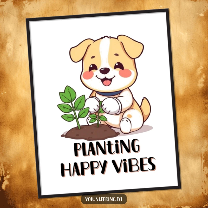Funny digital art print of a happy dog wearing gloves, planting a small tree, creating a heartwarming scene.