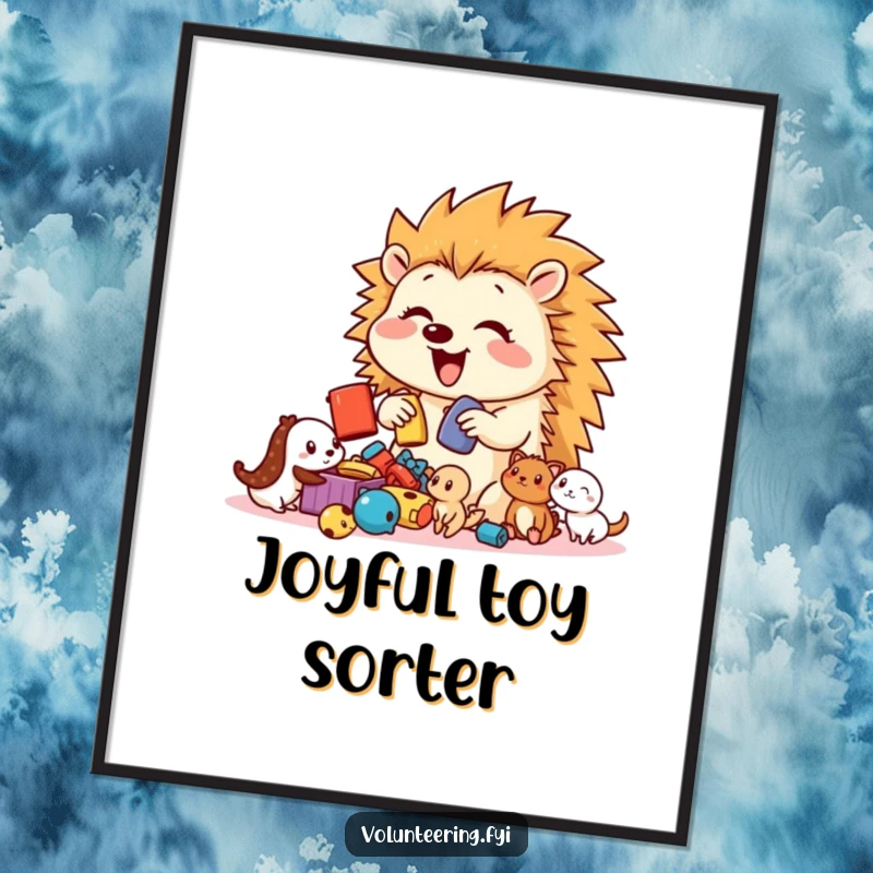 Funny Hedgehog Toy Sorter Digital Art Print of a bouncy, happy hedgehog sorting toys for a group of smaller creatures, ready for instant download.