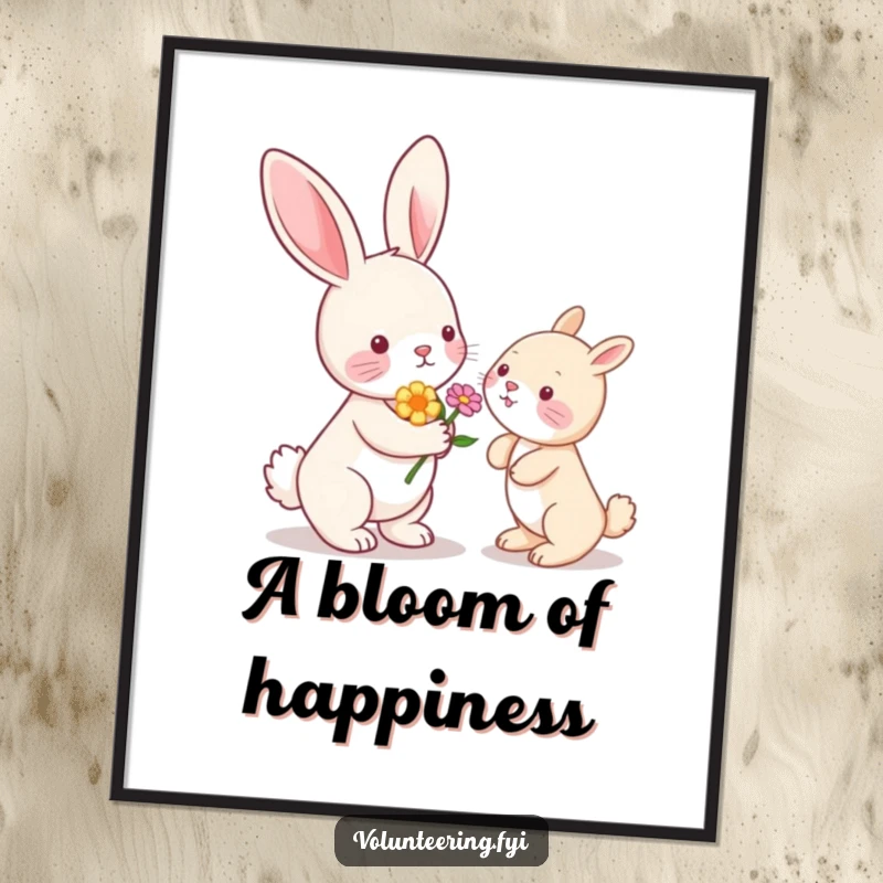 Funny Kawaii bunny rabbit handing a flower to another animal, digital art download, cute printable.