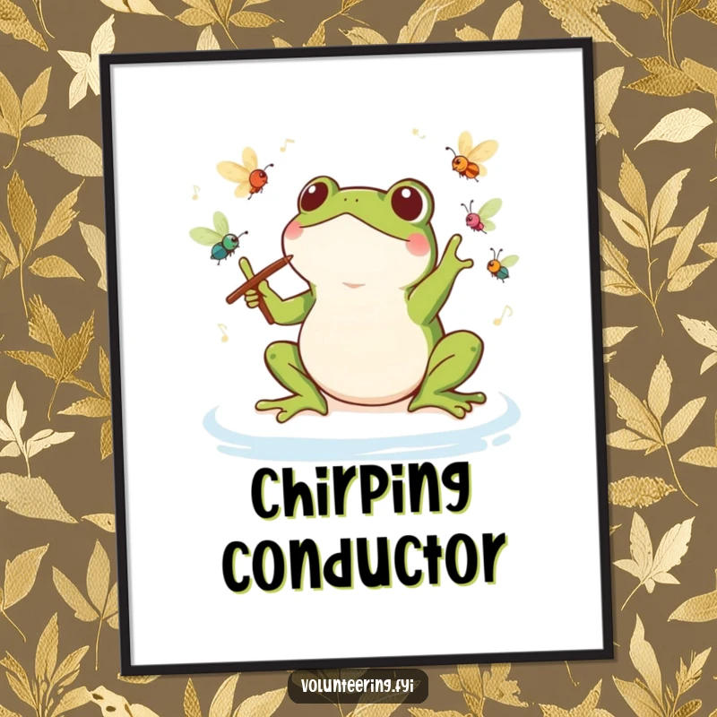 Funny Kawaii Frog Conductor Digital Art: High-resolution art of a frog leading an insect orchestra, perfect for musical and humorous decor.