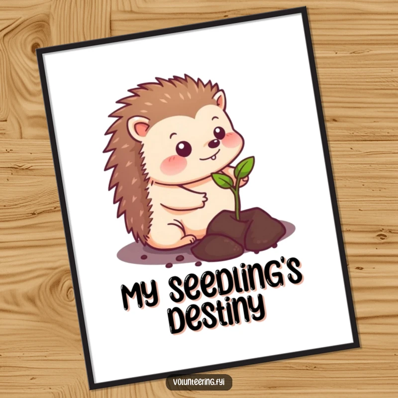 Funny kawaii hedgehog planting a seedling in soil, vibrant digital art print, capturing a moment of growth and cuteness, suitable for various frames.