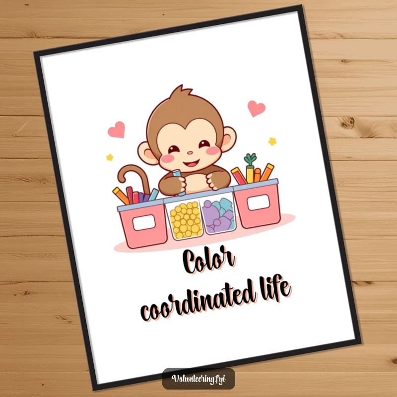 Funny kawaii monkey sorting digital art print, an illustration of a monkey organizing colorful items into bins, symbolizing tidiness and fun.