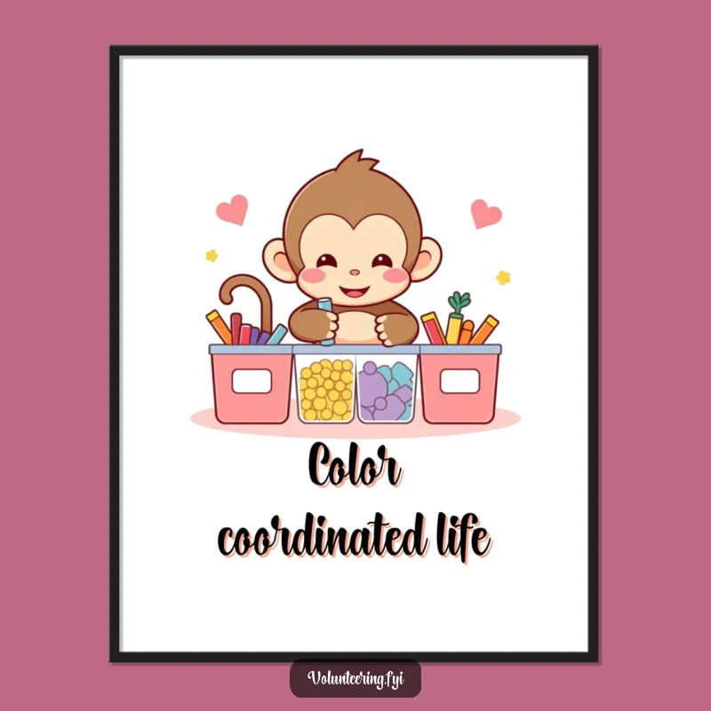 Funny Kawaii Monkey Sorting Digital Art - Adorable Organized Wall Decor