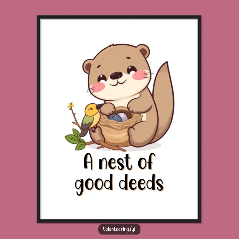 Funny Kawaii Otter Helping Bird Nest Digital Art: Friendship Print Gift