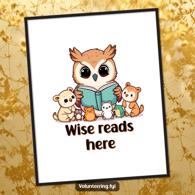 Funny digital art print of a curious Kawaii owl reading a book to young animals, instant download, educational wall art.