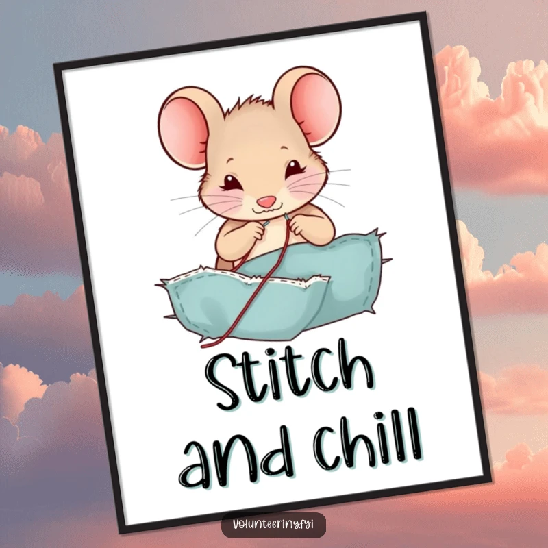 Funny mouse digital art print, a cute character sewing a patch on fabric with tiny tools, a humorous and charming illustration.