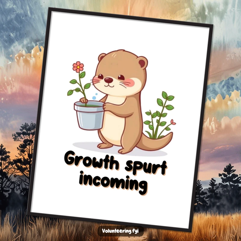 Funny otter digital art print of a cute otter watering plants, offering instant whimsical wall decor and a humorous vibe.