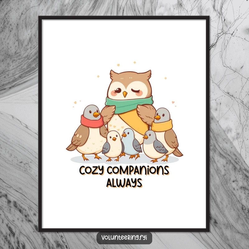 Funny owl digital art print of a cute owl sharing blankets with pigeons, bringing humorous warmth to any digital display or print.