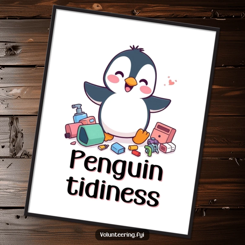 Funny penguin digital art print, a cheerful penguin energetically tidying scattered items, a humorous and tidy illustration.