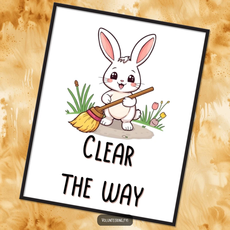 Funny digital art print of a smiling rabbit with a broom, sweeping a path, creating a cheerful and orderly scene.