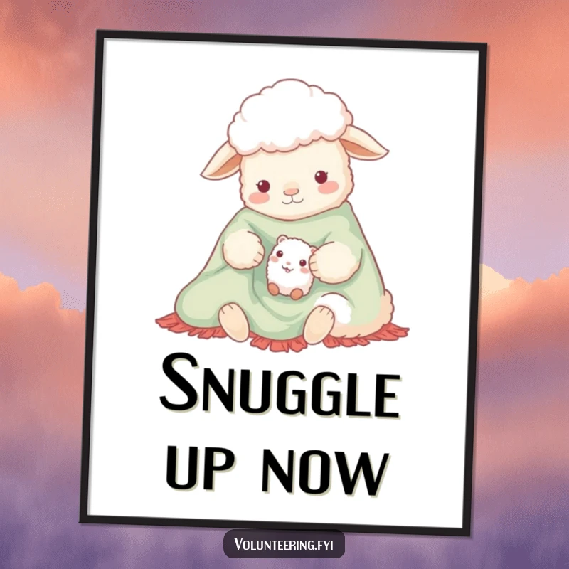 Funny digital art print of a gentle sheep and a small creature sharing a bright, cozy blanket, ideal for instant, humorous home decor.