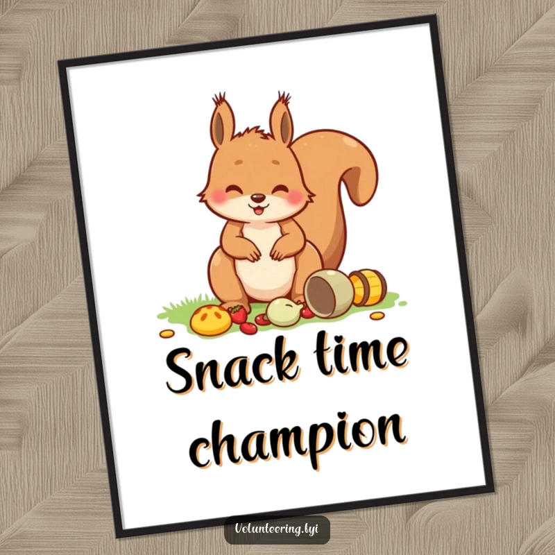 Funny Squirrel Picnic Digital Art Print of a playful squirrel tidying picnic items with a smile, bringing cheerful woodland vibes.