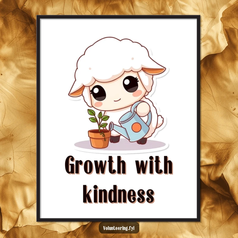 Funny Digital Art Print: Fluffy white sheep with large, kind eyes carefully waters a small potted plant with a tiny watering can, for serene decor.