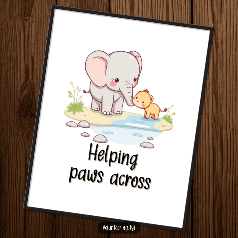 Funny kawaii elephant helping digital art print, an adorable scene of an elephant guiding a smaller animal across a stream, symbolizing compassion.