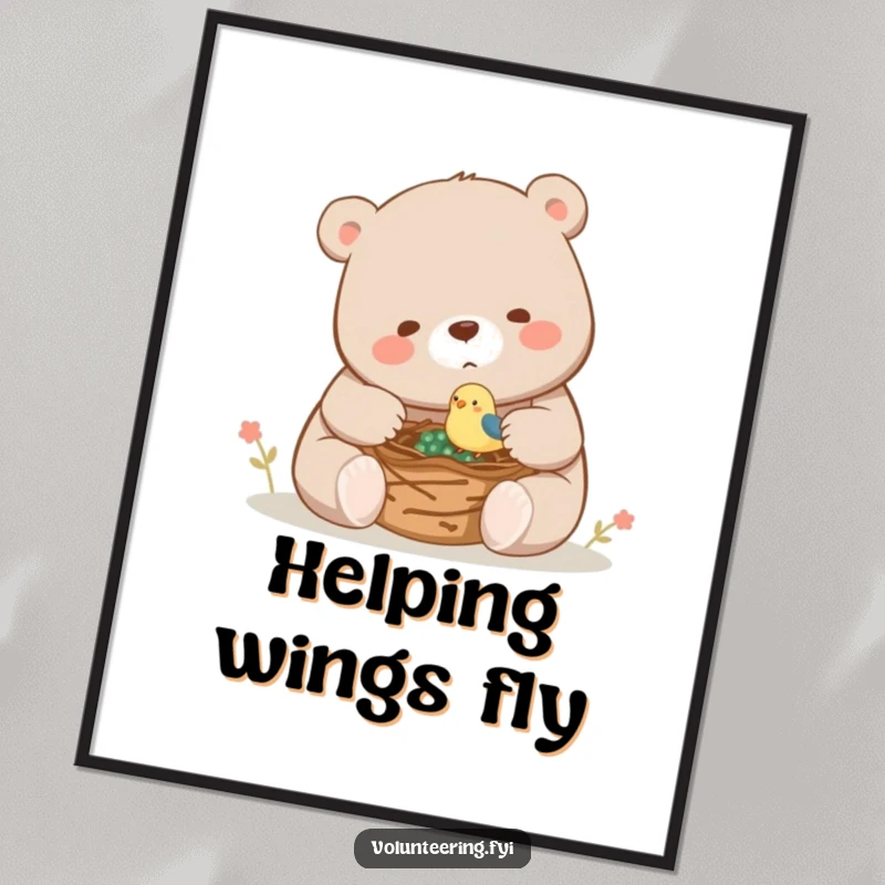 Funny, heartwarming digital art print of a large bear gently assisting a tiny bird in building a nest, full of care.