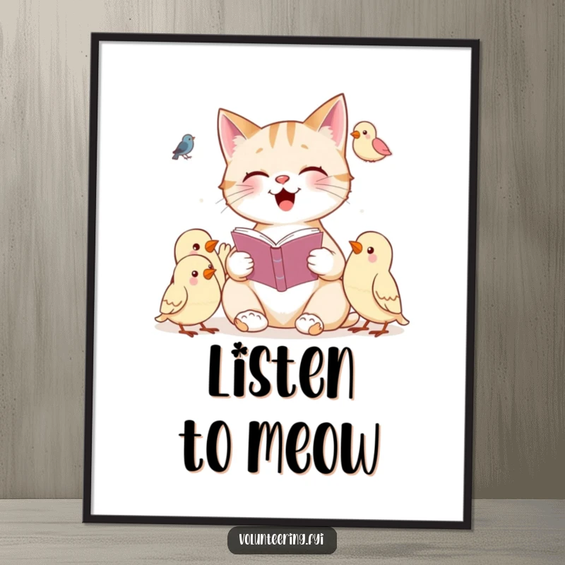 Funny digital art print of a cheerful cat reading a book to a group of attentive birds, creating a whimsical scene.