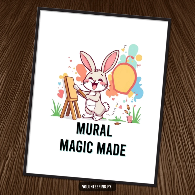 Funny digital art print of an excited rabbit painting a mural on a community wall, instant art-themed decor.