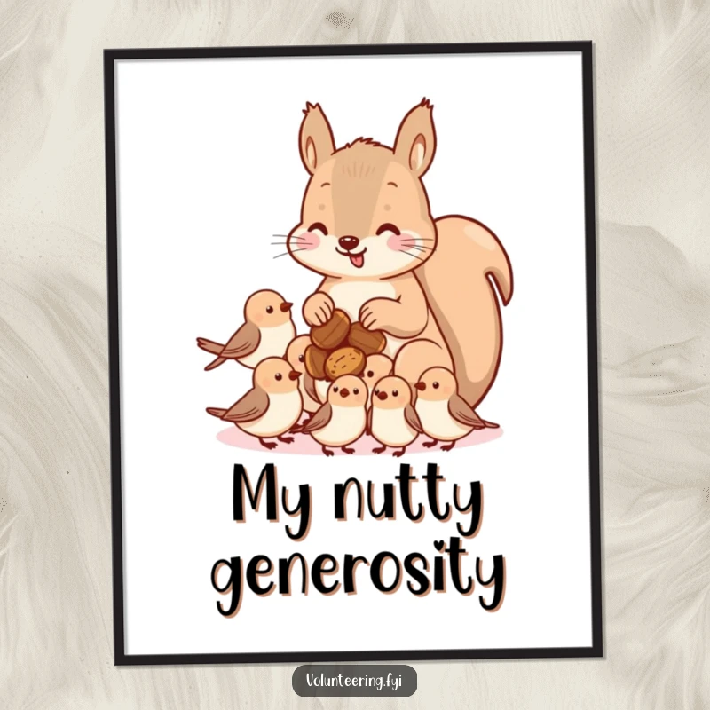 Funny kawaii squirrel sharing digital art print, an illustration of a squirrel distributing nuts to smaller birds, symbolizing generosity and friendship.