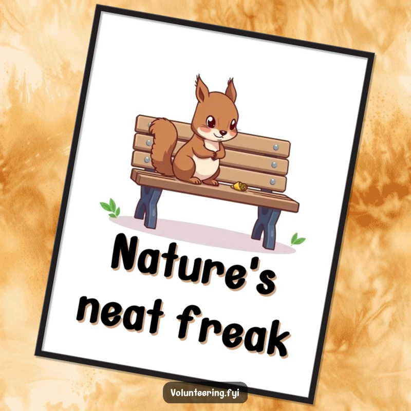 Funny digital art print of a diligent squirrel cleaning a park bench, perfect for immediate wall decoration.