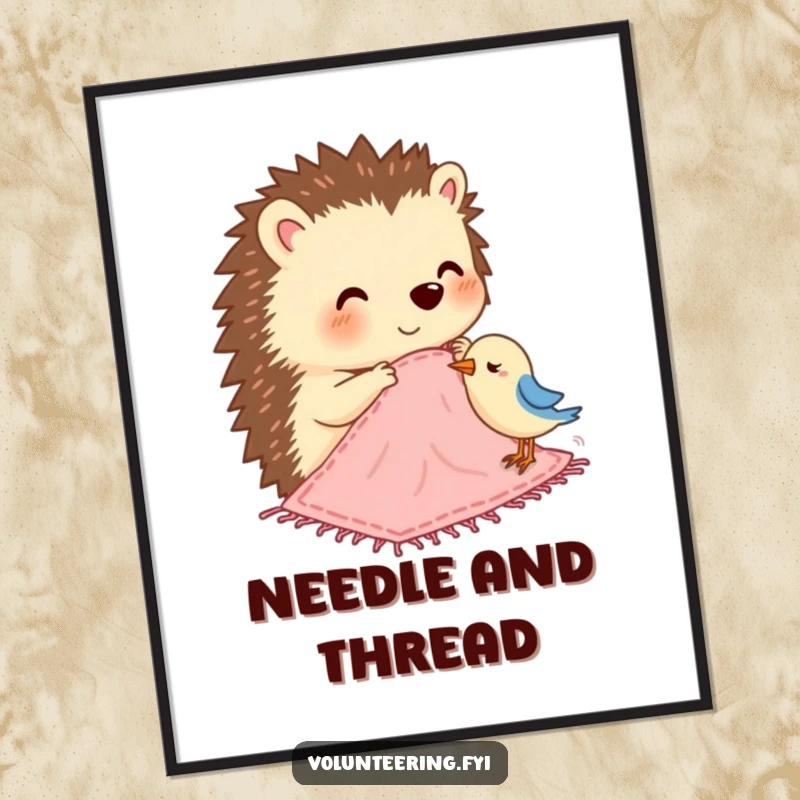 Funny digital art print of a happy hedgehog stitching a small blanket for a bird, perfect for immediate wall decoration.