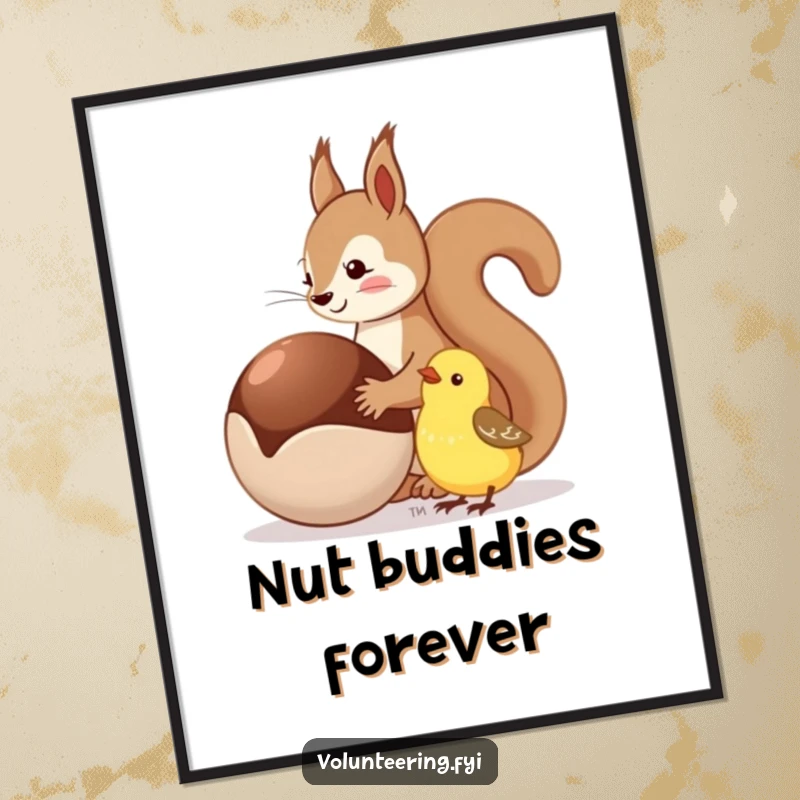 Funny digital art print of a squirrel sharing a nut with a happy bird, perfect for heartwarming decor.