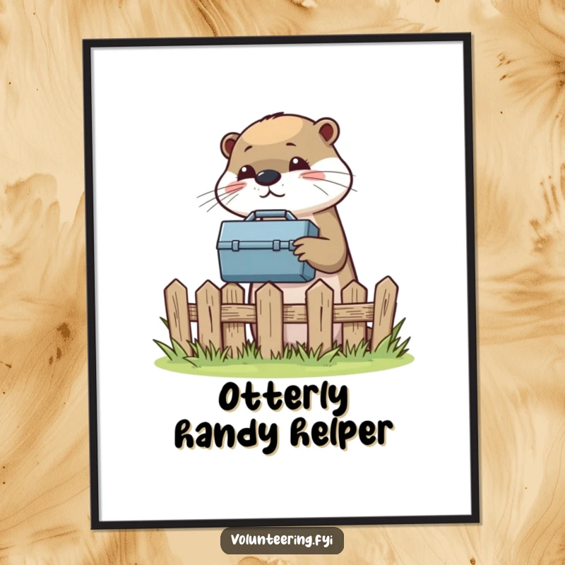 Funny digital art print of a helpful otter passing a toolbox over a fence, symbolizing assistance.