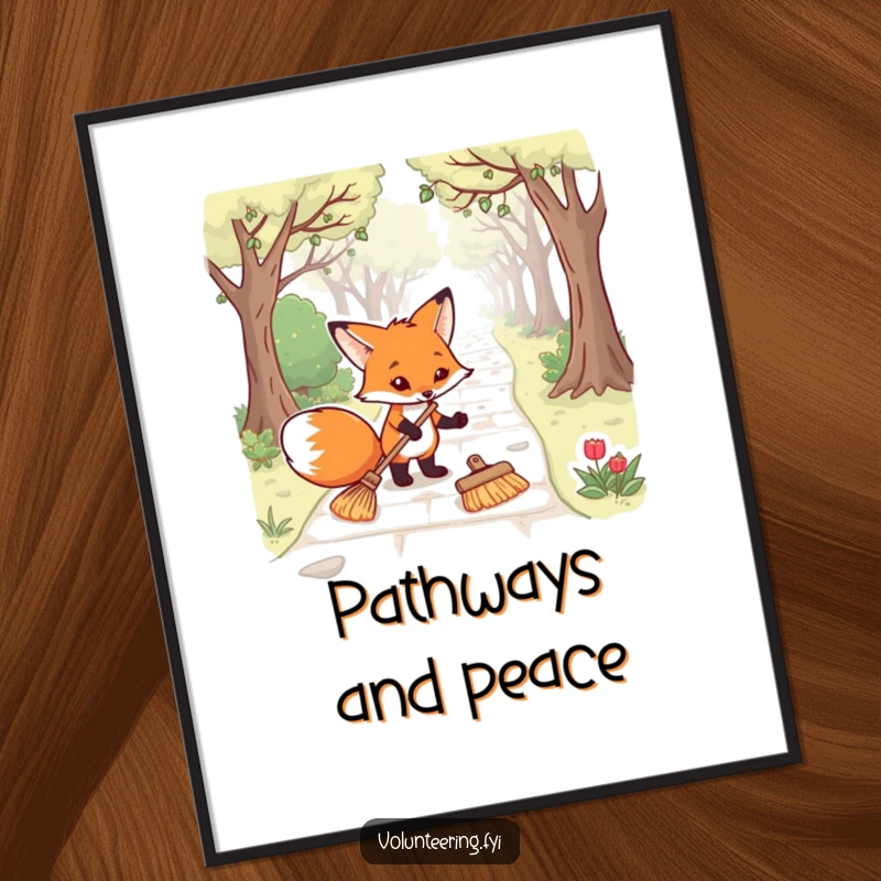 Funny fox digital art print of a determined animal sweeping a park path, bringing humorous charm to any digital display or print.