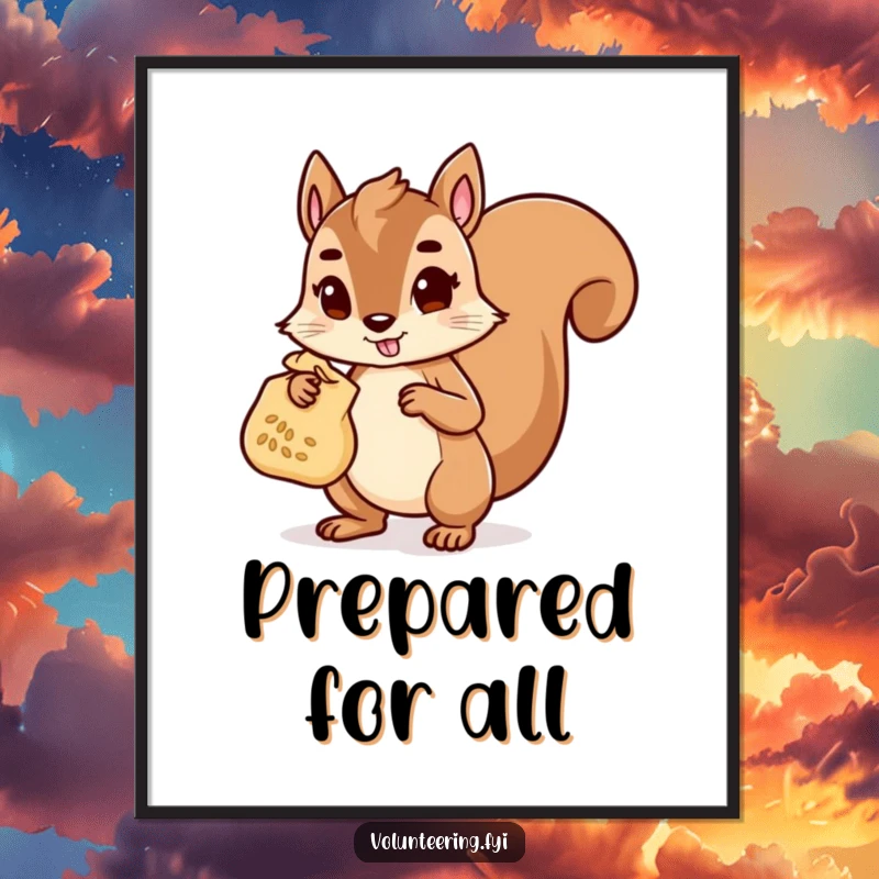 Funny Digital Art Print of a determined squirrel character carrying a bag of seeds, capturing a moment of helpfulness and industriousness.