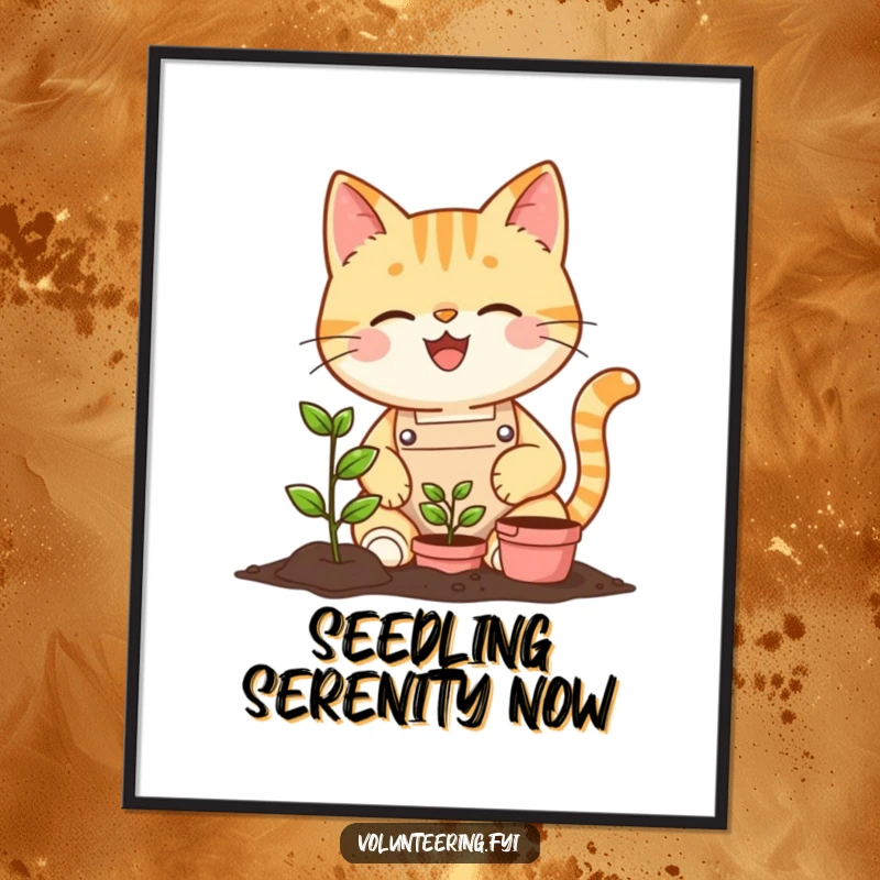 Funny cheerful cat wearing an apron planting a tiny seedling with a bright smile, for a humorous digital art print.