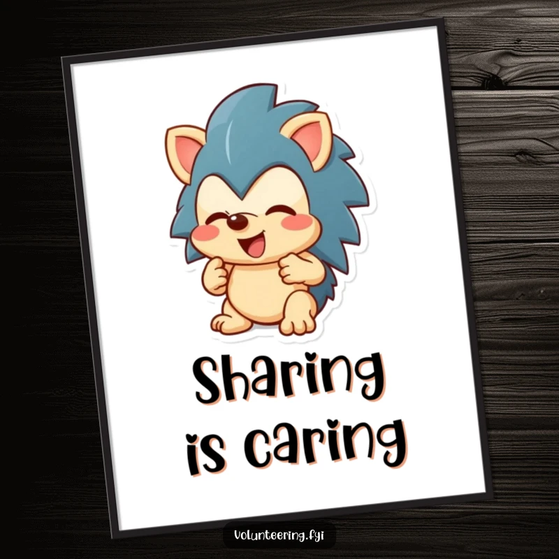 Funny enthusiastic hedgehog character sharing a toy, downloadable funny digital art print, perfect gift.