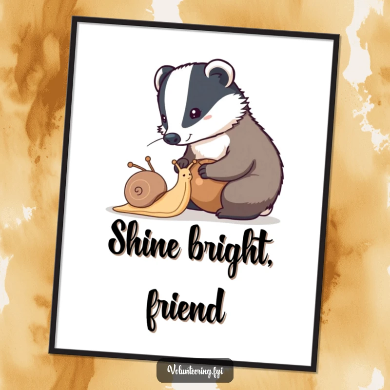 Funny badger and snail digital art print featuring a diligent badger helping a snail clean its shell, instant download art.