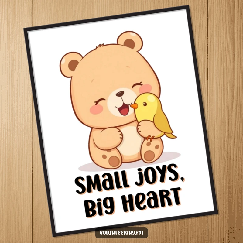 Funny digital art print of a giggling bear petting a small bird on its nose, perfect for instant humorous woodland decor. Great funny gift.