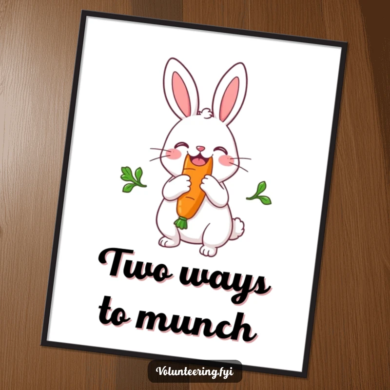 Funny, charming digital art print of a joyful rabbit splitting a large carrot for sharing, full of warmth and humor.