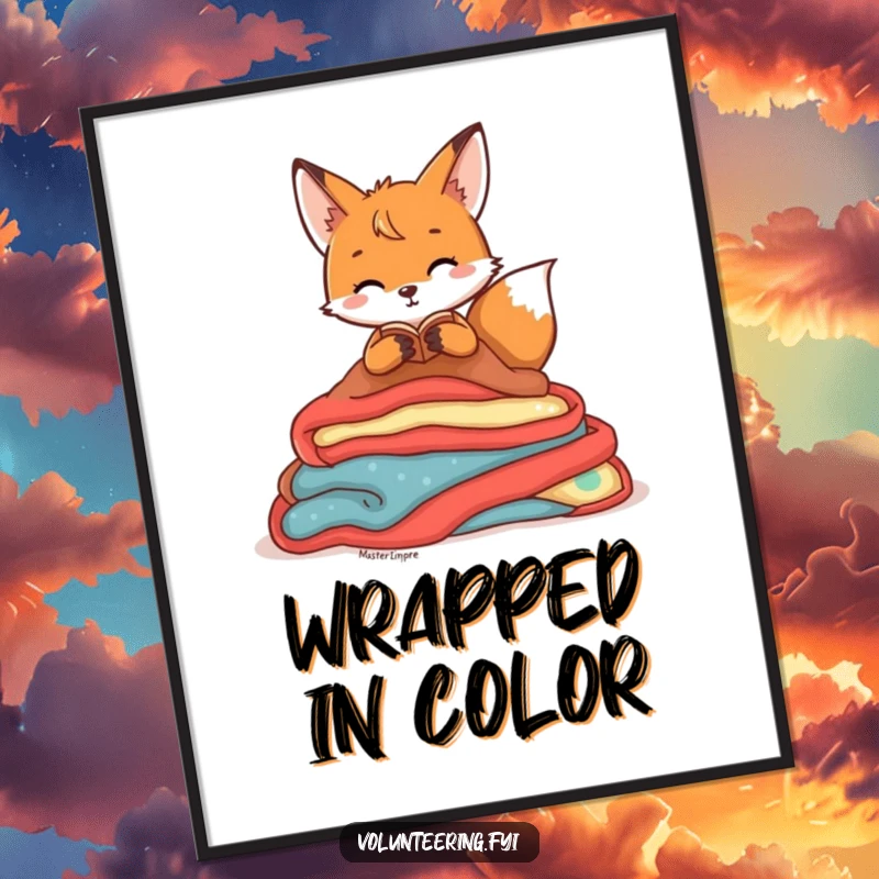 Funny Digital Art Print of a playful fox character organizing a pile of colorful blankets, capturing a moment of cozy tidiness and charm.