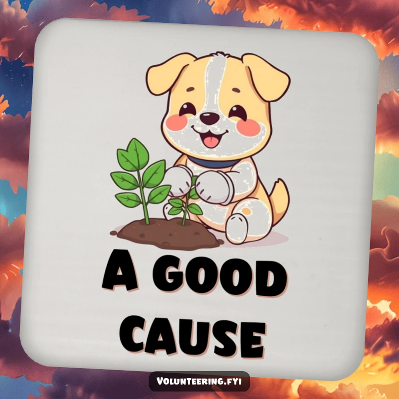 Funny drink coaster depicting a happy dog in gardening gloves planting a tree, adding charm to surfaces.