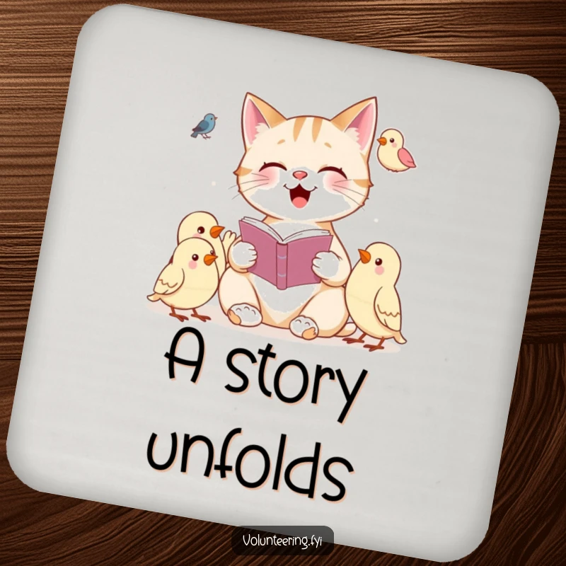 Funny drink coaster depicting a cheerful cat reading to attentive birds, adding charm to surfaces.