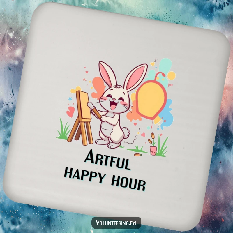Funny drink coaster with an excited rabbit painting a mural on a community wall, protecting surfaces with art.