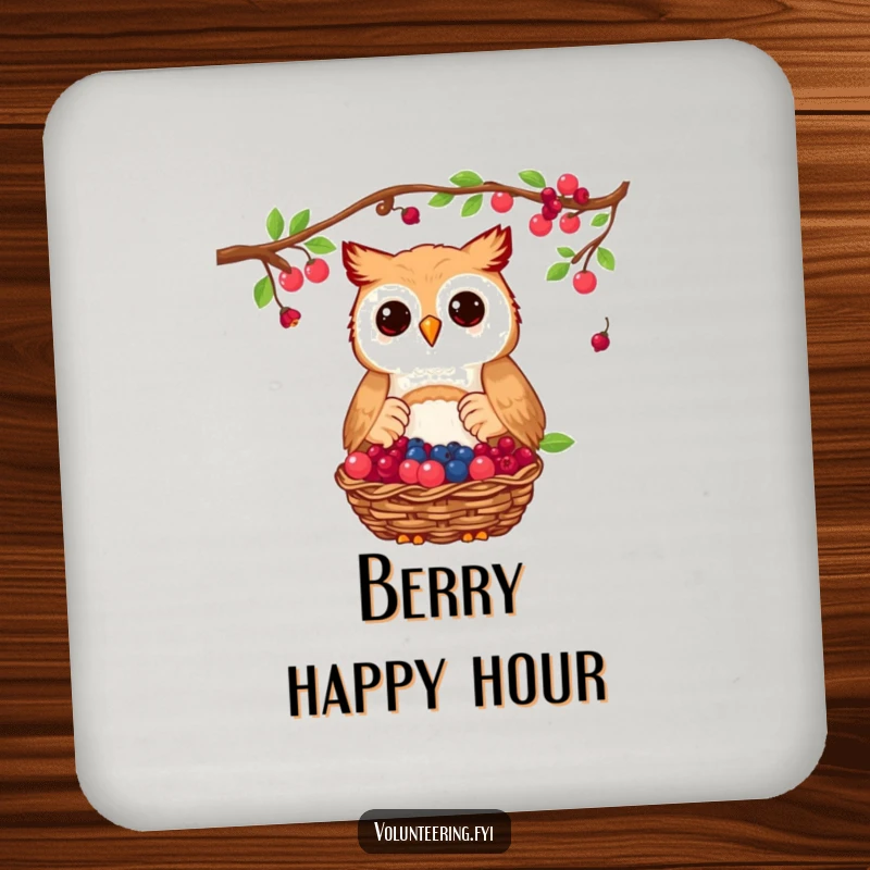 Funny owl and berry drink coasters showing a proud owl donating a basket of collected berries, protecting surfaces with kindness.