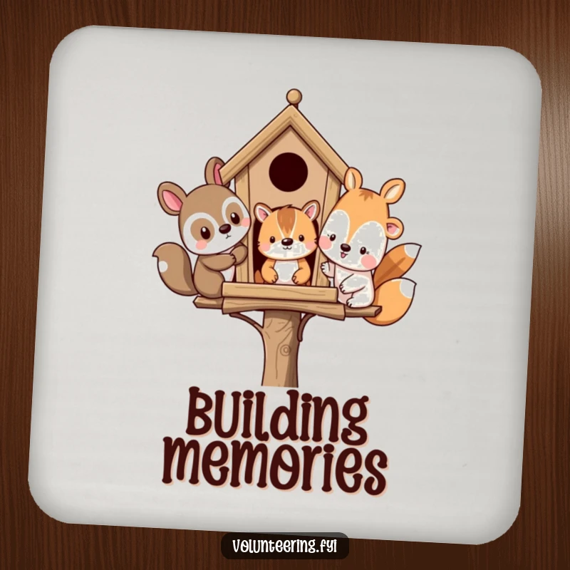 Funny drink coasters featuring diverse animal friends building a birdhouse, adding humor and protection to tables.