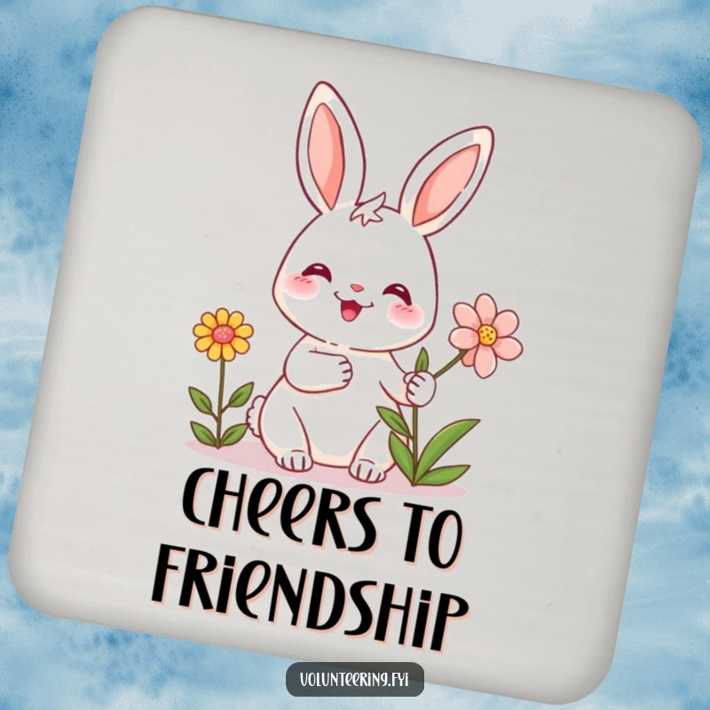 Funny drink coaster with a friendly rabbit smiling and holding a flower, adding heartwarming humor to tables.