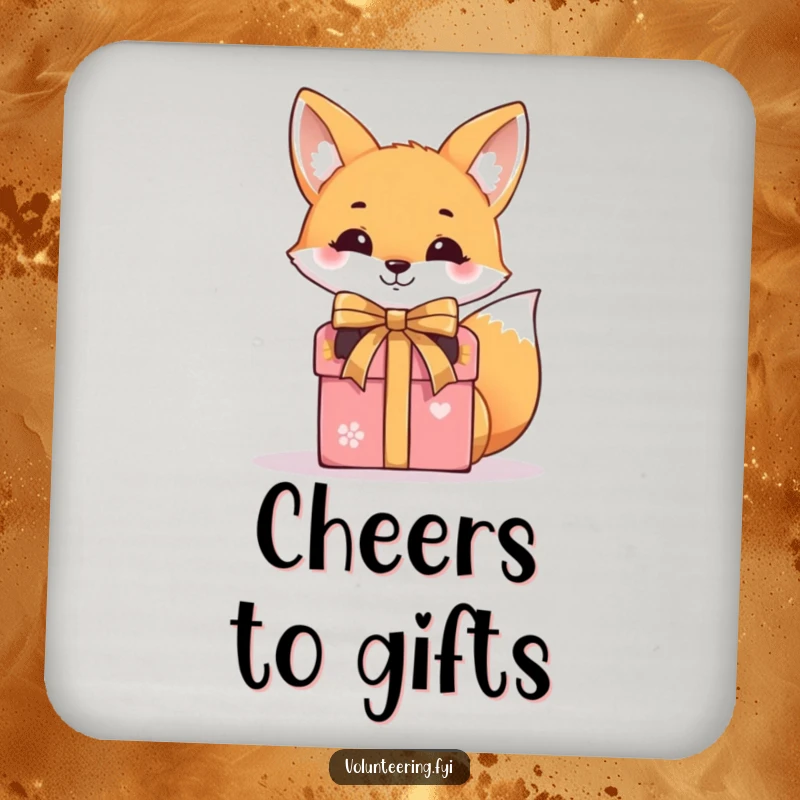 Funny drink coaster with a smiling fox tying a ribbon around a gift box, adding festive and witty humor.
