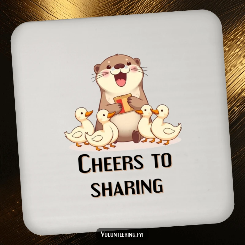 Funny coasters featuring a delighted otter sharing snacks with ducks, perfect for humorous table protection. Excellent funny gift.