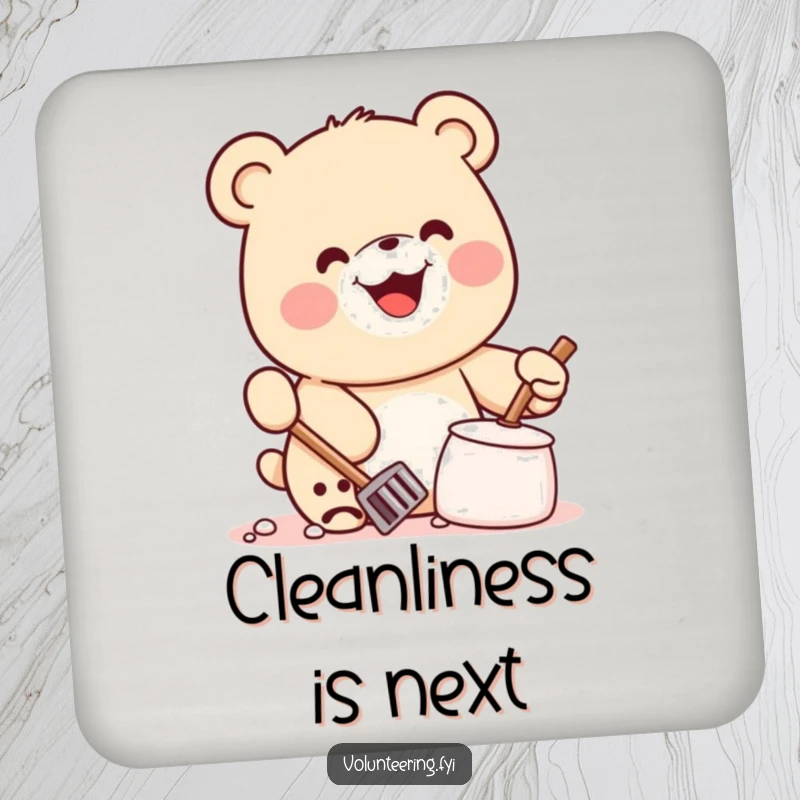 Funny Kawaii Bear Coasters: Set of charming coasters featuring a smiling bear cleaning litter, offering humor and surface protection.