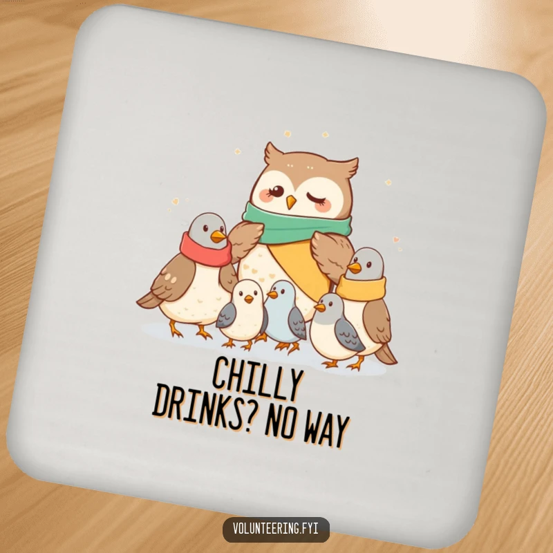 Funny owl coasters depicting a caring owl distributing blankets to pigeons, protecting tables with humor, ideal as a funny gift.