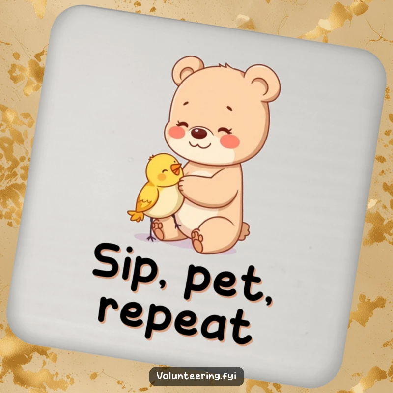Funny drink coaster with a happy bear cub gently patting a bird, protecting surfaces with charm.