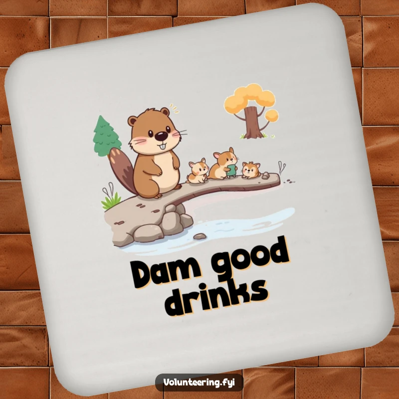 Funny beaver drink coaster, a diligent beaver guiding small animals across a bridge, a humorous household gift.