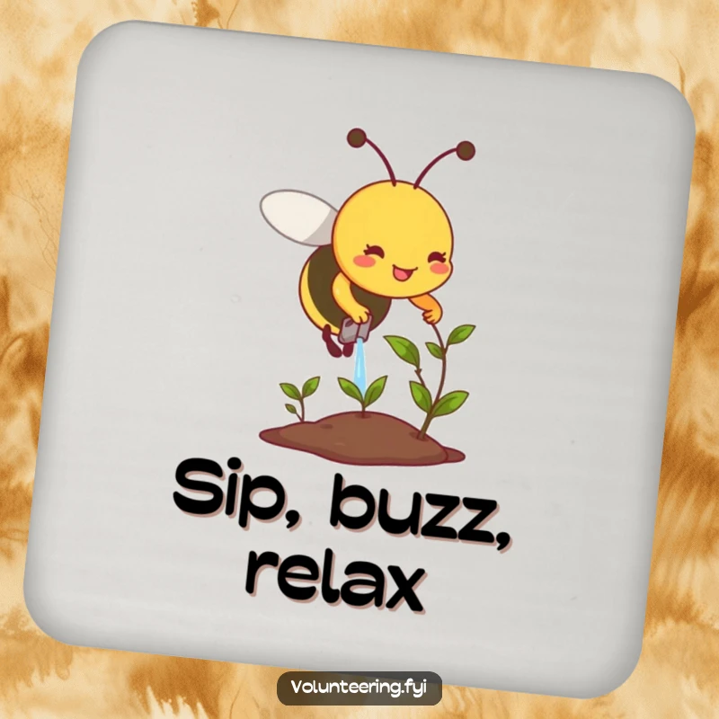 Funny coaster featuring a smiling bee diligently watering a small, wilting plant, a charming addition to any table.